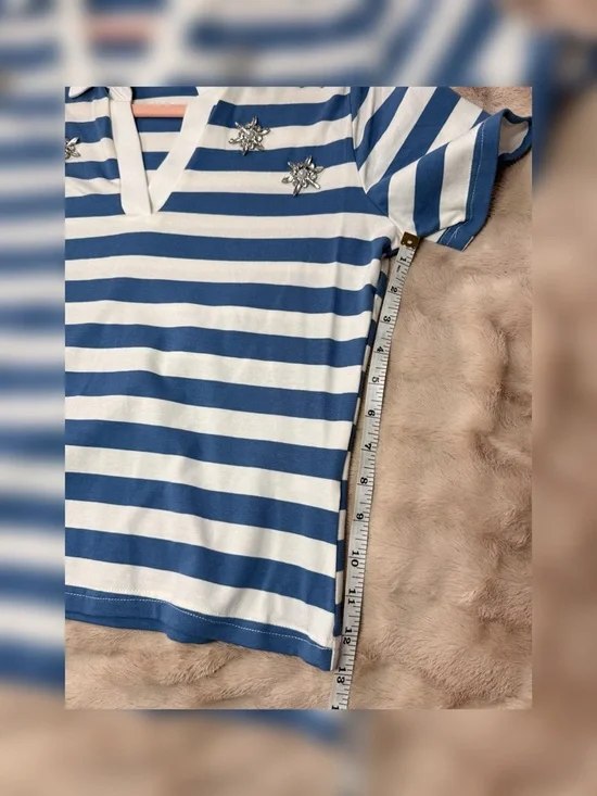 Del Rā Embellished Striped Polo Top Blue White Size M - Picture 5 of 8